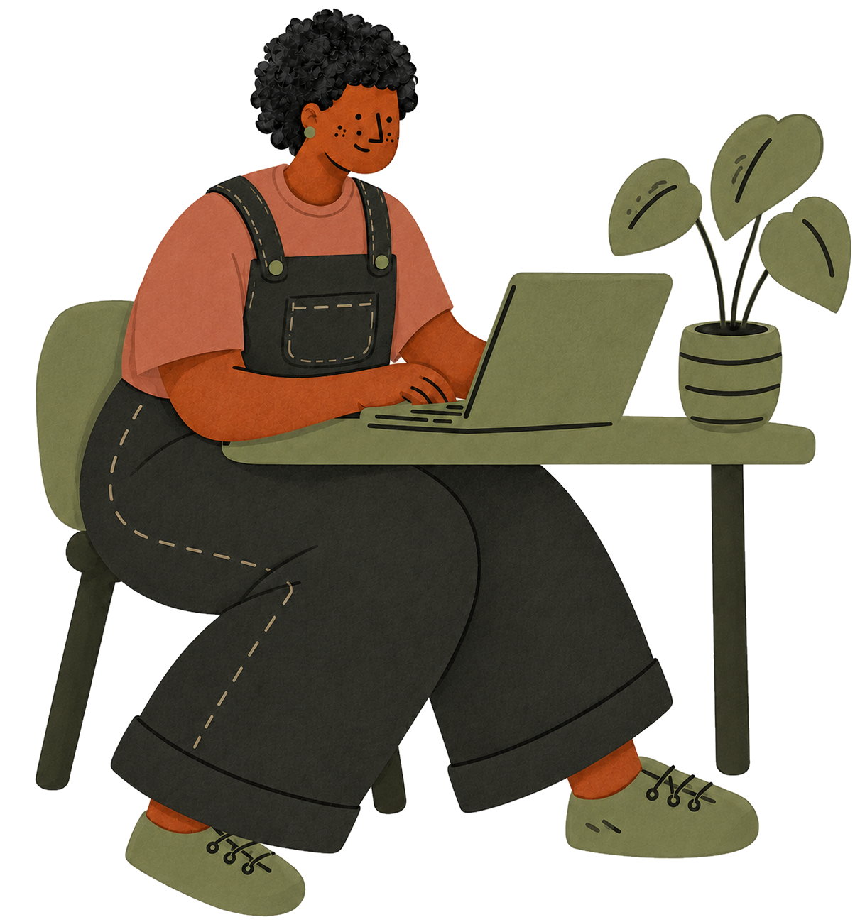 a person with dark curly hair typing at an olive desk, in a clay tee and dark dungarees, a pothos in a pot beside the laptop