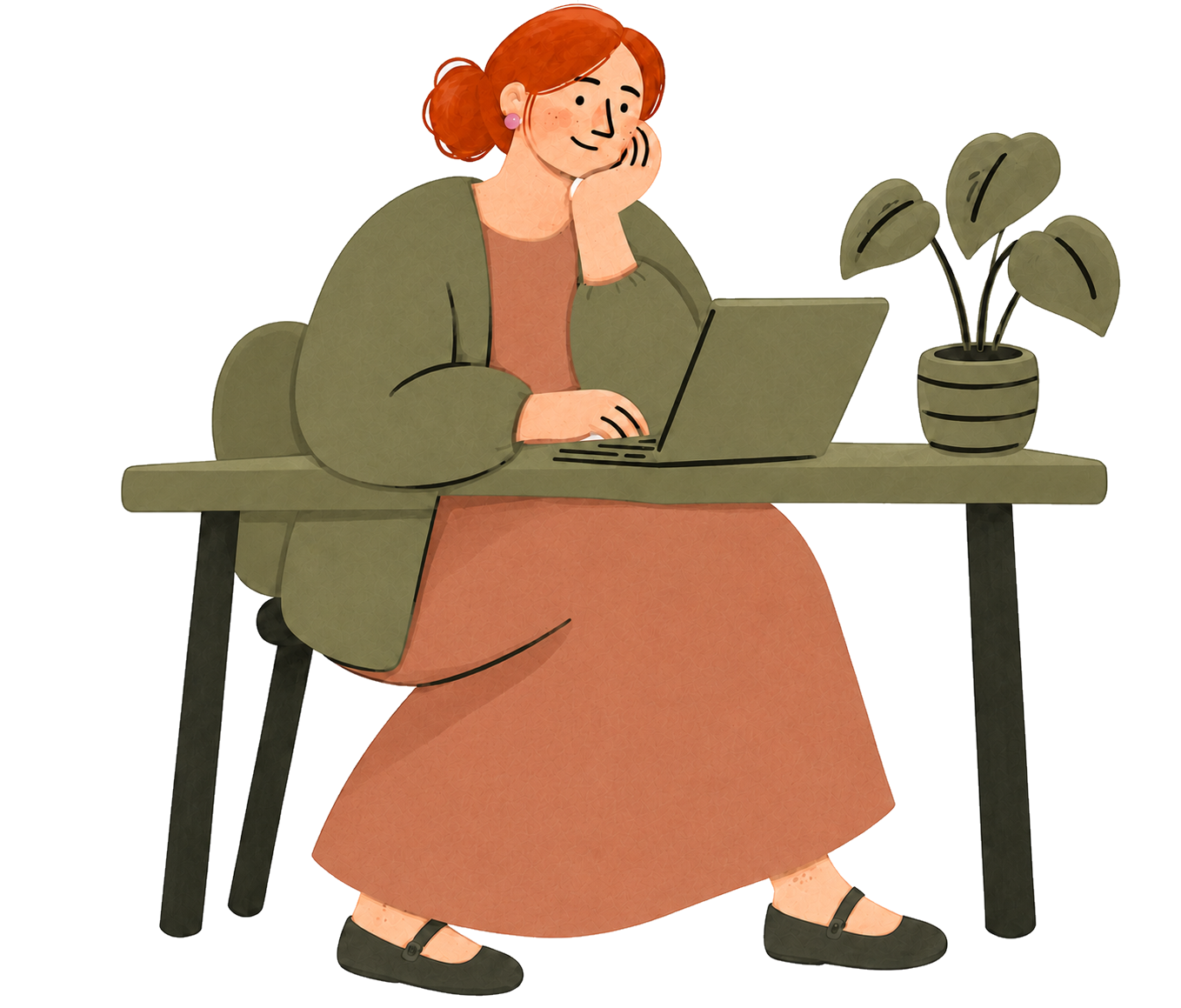 a red-haired woman with a bun, chin on hand, in an olive cardigan and a clay dress, at an olive desk with a laptop and a pothos
