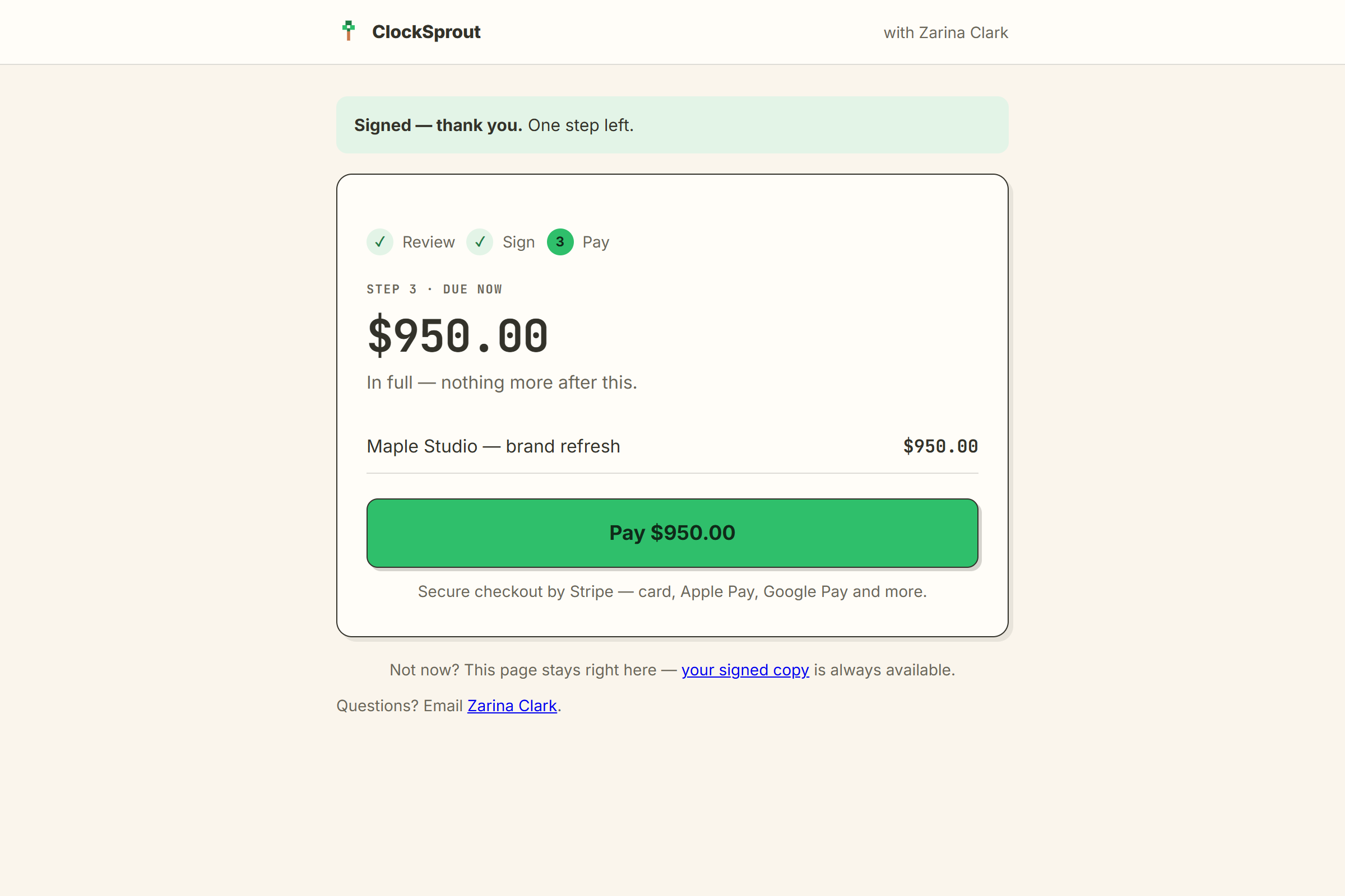 the client’s page: $950 due now