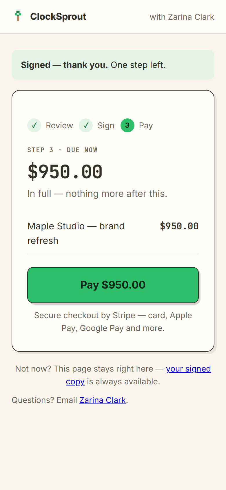 the client’s page on a phone: signed, thank you — $950 due now, one pay button